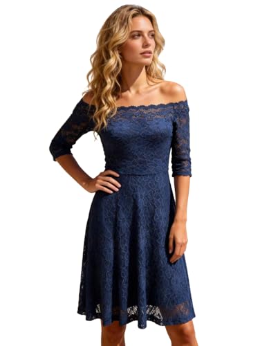 Image of Atnlewhi Womens Vintage Lace Floral Off Shoulder Elegant Swing Dresses A-line Mini Dress for Party Cocktail Wedding