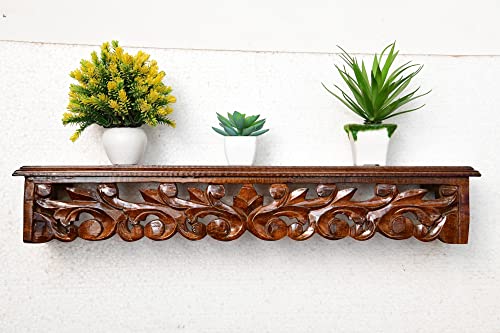 Inception Global Hand Carved Decorative Brown Wooden Wall Shelf/W...