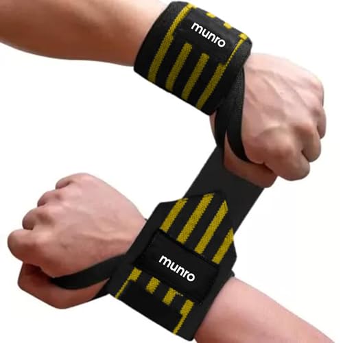 Munro Wrist Supporter for Gym, Weight Lifting Straps with thumb loop, Professional Wrist Support for Men and Women, Wrist Strap made of Elastic and Velcro for weighlifting, powerlifting, workout, Crossfit, Strength Training and Exercise. (YELLOW/BLACK STRIPS)