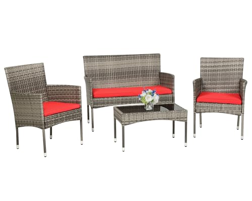 Image of PayLessHere Outdoor Furniture Set 4 Pcs Modular Patio Furniture Set Water Resistant Conversation Set with 3 Rattan Chairs 1 Tempered Glass Topped Table for Patio Poolside, Gray Wicker /Red Cushions