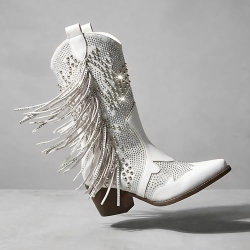Image of Tsrenlmln Sparkly Rhinestone Cowboy Boots for Women - Pointed Toe Western Ankle Boots with Tassel, 3.74 inch Chunky Heel, Rivet Decorated Slip-On Booties, Party & Casual Wear