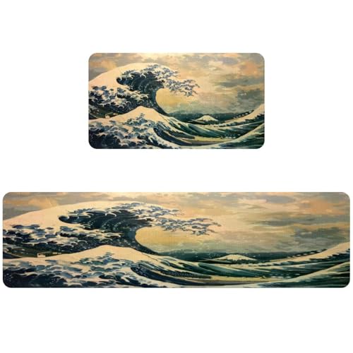 Tapete de cocina absorbente de olas japonesas lavable de 2 piezas 2