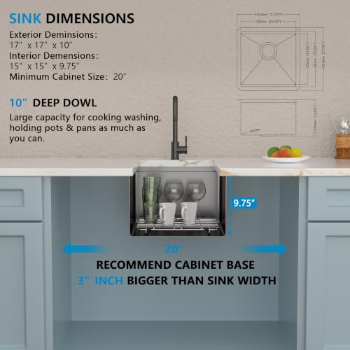 Image of 17 inchx17 inch Black Bar Prep Sink Undermount Workstation | Gunmetal Black NANO-PVD 16 Gauge T304 Stainless Steel Single Bowl Under Counter Basin for RV Kitchen Wet Bar Prep Station