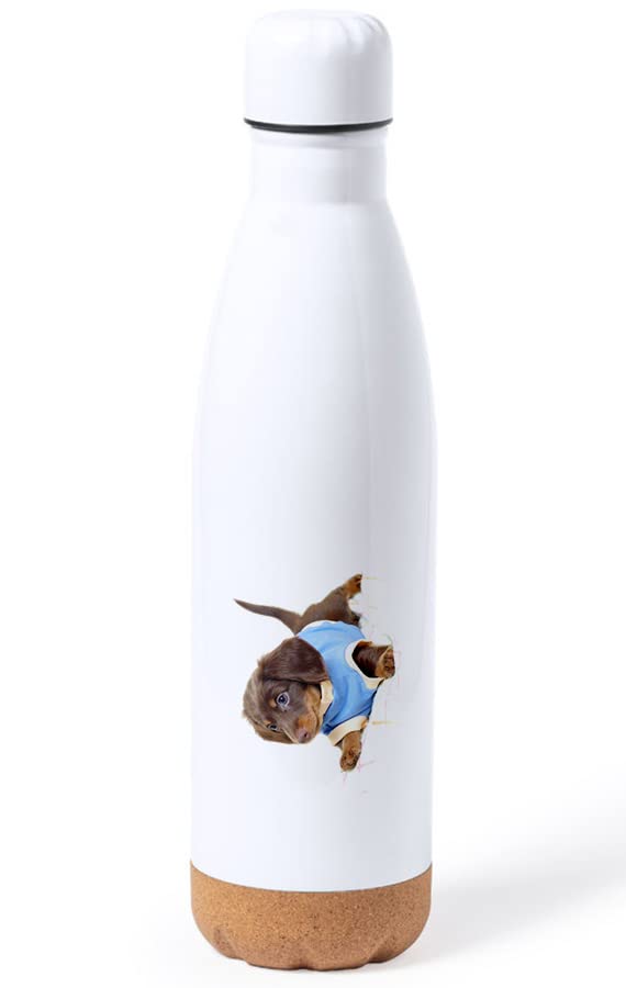 MERCHANDMANIA BIDON 750 ML ACERO INOXIDABLE CON ADORNO DE CORCHO perro salchicha arlequín perrito gracioso jugar tapon seguridad botella