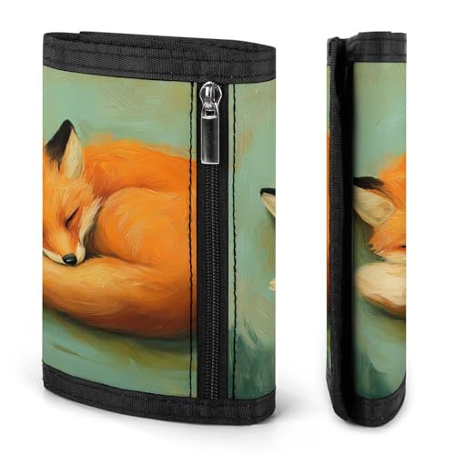 Curled Up Fox Trifold Wallets for Men Women Ultra Thin Card Holder Purse with Zip Coin Pocket3
