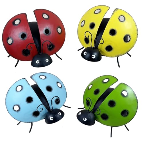 ABELOTS Metal Ladybug Garden Decor Set of 4, Outdoor Yard