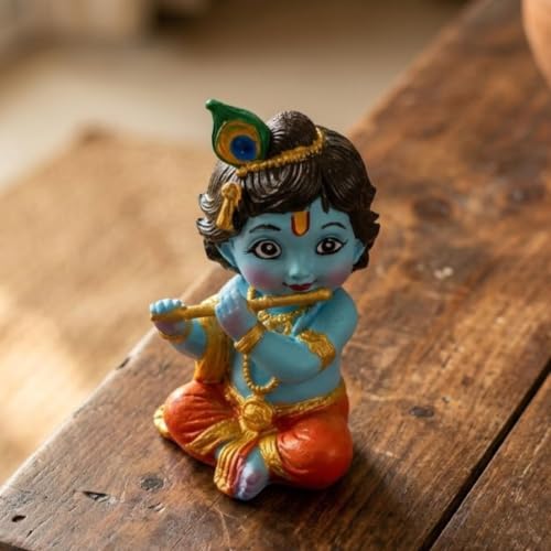 Image of Little Krishna Idol for Car Dashboard | Bal Gopal Laddu Gopal Murti | Cute Baby Krishna Statue for Home Temple, Office Desk & Pooja Room Decor | Resin Showpiece | Janmashtami Gift