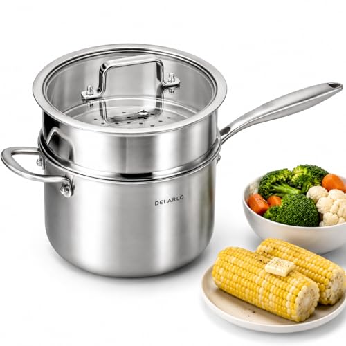 Image of DELARLO Tri-Ply Whole-Clad Stainless Saucepan 3.5 Quart Steamer Set With Glass Lid, Ergonomic Handle, Vegetable Steamer, Steamer for Cooking, Multipurpose Sauce Pan, Kitchen Sauce Pot, Oven Safe