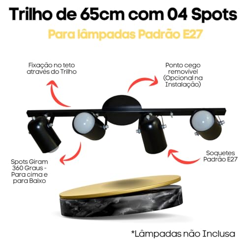Spot No Trilho Para 04 Lampadas - Ideal para Sala, Cozinha, Quarto (Preto)