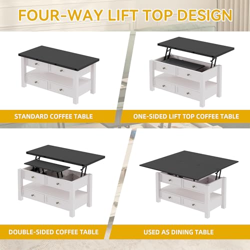 DWVO Lift Top Coffee Table, Multi-Functional Convertible Coffee Table with Drawers and Hidden Storage, Dining Table for Living Room, Home Office