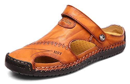 Honeystore Men s Leather Hollow Athletic Sandals Slip-on Roman Casual Shoes Light Brown 9 D(M) US Men