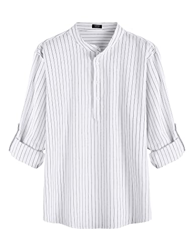COOFANDY Men's Cotton Linen Henley T-Shirts Long Sleeve Hippie Casual Beach T-Shirts White Striped