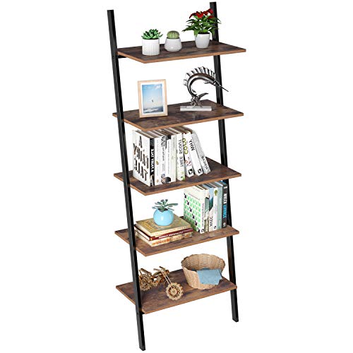 Homfa Industrial Ladder Shelf, 5-Tier Plant Flower Stand Leaning Wall Bookcase, Multipurpose Storage Organizer Display Rack, Wood Look Accent Metal Frame Home Office