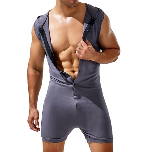 Men's Sexy Hoodie Jumpsuit,Party Sleeveless Sport Button-Down Short Slim Fit Elasticity Sleepwear XXL Black Grey4