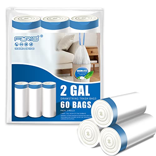 FORID Mini Drawstring Trash Bags - 2 Gallon Small Bathroom Garbage Bags White Plastic Trash Can Liners Disposable Unscented Wastebasket Bags 60 Count for Office bedroom Home 7.5 Liter