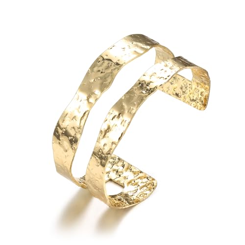 Milacolato Bracelet Manchette jonc Plaqué Or 18 Carats pour Femmes Bracelets Manchette Chunky Double Couche Creux Martelé Bracelets Larges Réglables...