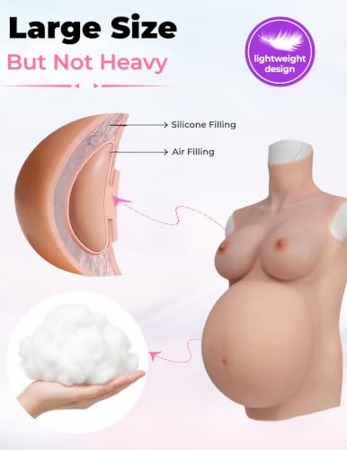kikookikoo Oil-Free Silicone Pregnant Belly with Breast 6-9 Month, Great Makeup Fake Pregnant Belly Airbag Filling Inside Float-Point (Ivory, Six-Month)