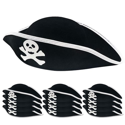 Podzly 12 Black and White Felt Pirate Hat - Costume Hat for Birthdays, Role Play & More - Pirate Hats for Kids and Adults - Great for Party Favors, Decorations, Accessories, Halloween, & More