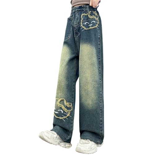 Girls Cute Cat Embroidery Jeans Kids Elastic Waist Baggy Wide Leg Distressed Denim Pants3