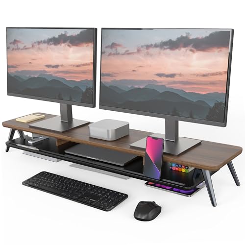 Fenge Dual Monitor Stand, Monitor Stands Riser for 2 monitors, 42.5 Inch Wood Desk Shelf with...