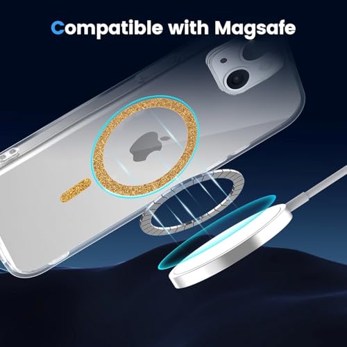 Image of AIBEX Back Cover Case Compatible with iPhone 13 | Glitter Ring Cute Shiny Colorful Bling Case (Compatible with Magsafe) | Transparent PC+TPU Glossy Shiny Cover for Girls & Women - Gold