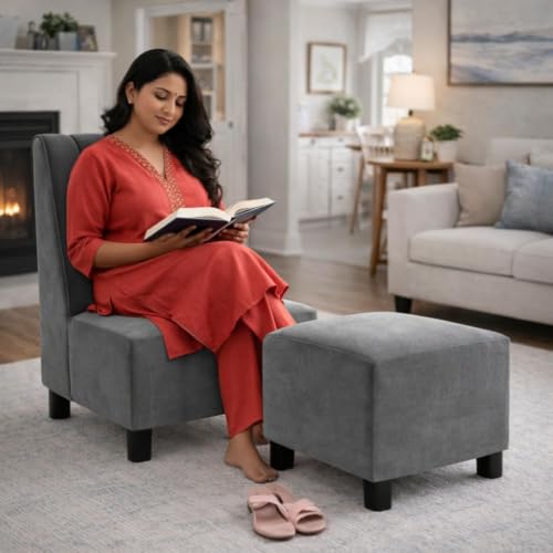 Image of Rosebell Sofa Set with Ottoman Combo 1 Seater Sofa Set with Matching Footrest for Living Room & Bedroom-Office - Grey