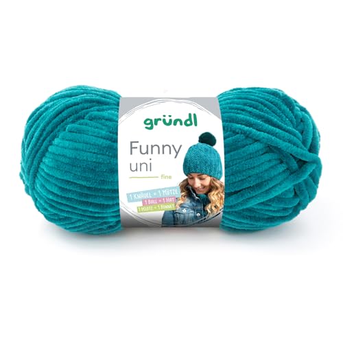 Gründl Wolle Funny uni - dicke weiche Chenille Wolle zum Häkeln - Häkelwolle - Strickwolle - Kuschelig und hautfreundlich - 100% Polyester - 1 Knäuel 100 g / 120 m - Nadelstärke 5-6 - Petrol