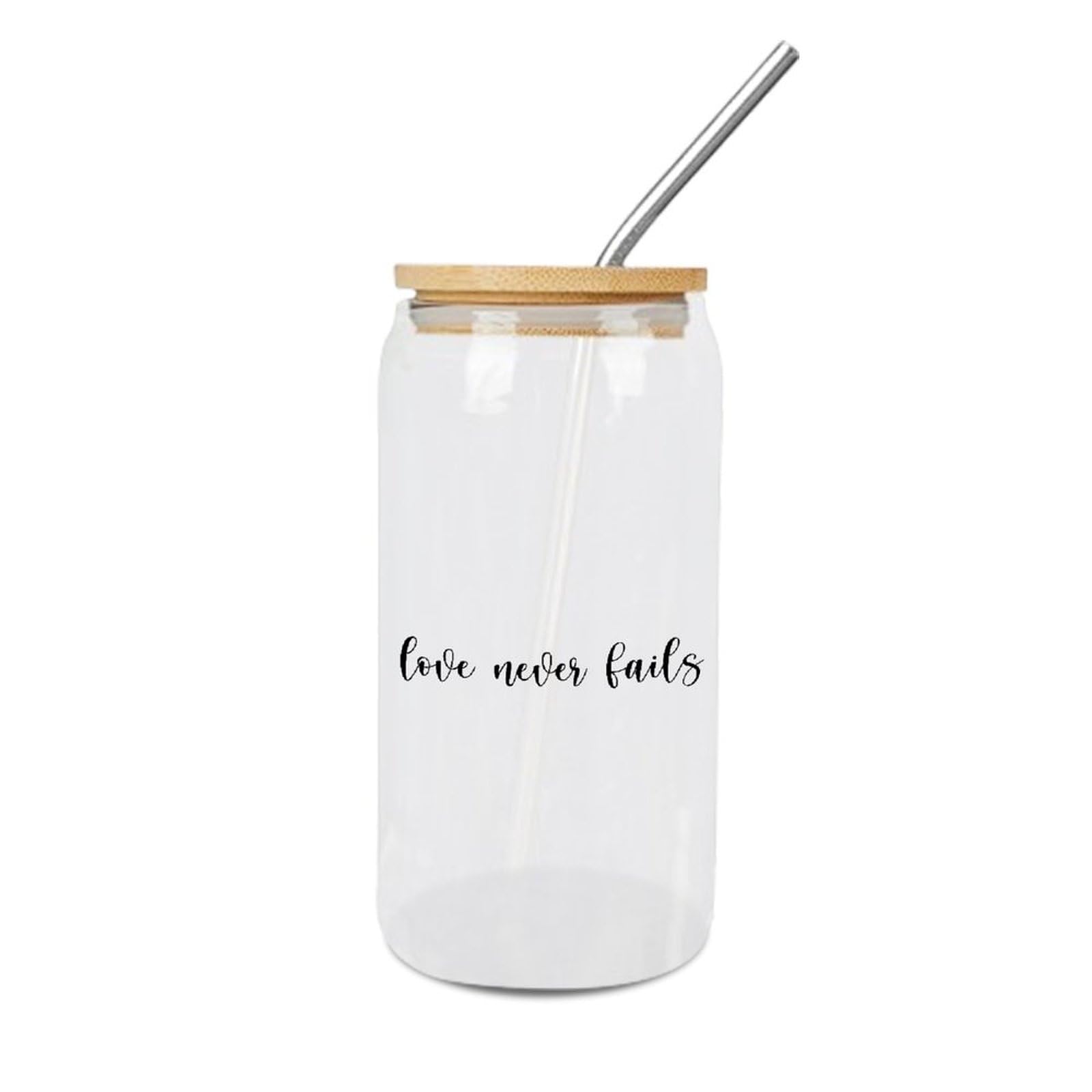 Luckluccy Glass Cups with Bamboo Lids Love Never FAils Glass Cup Lettering Saying Cute Glass Cups for Soda Tea Cocktail 16OZ