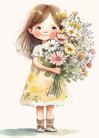 Petite fille avec un bouquet de fleurs illustration aquarelle imprimable poésie murale 50x70