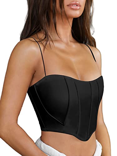 Mebius Womens Corset Tops Leather Bustier Crop Top Spaghetti Strap Sweetheart Neckline Cute Going Out Party Sexy Black S #TOP28