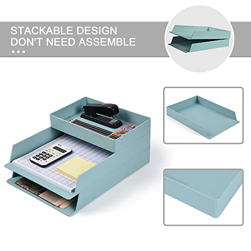 2 Tier Stackable Letter Tray, Desktop Paper Tray Document File Organizer, Plastic Blue Desk Tray Organizer For A4 Paper Magazine, Receipts, Office Supplies #TOP5