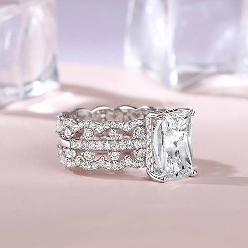 Jeulia 3pcs 6.9ct Radiant Cut Moissanite Rings for Women; Silver Diamond Wedding Rings for Women 14K White Gold Plated Engagement Promise Eternity Ring Band for Her with Jewelry Gift Box 6