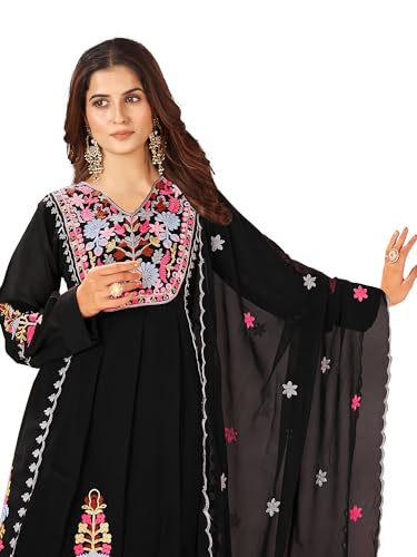 Image of Fabzoo Women's Georgette Embroidery Work & Original Mirror Anarkali Kurta Palazzo & Dupatta Set | Kurta & Palazzo Full Stitch And Full Inner | Palazzo Full Elastic.