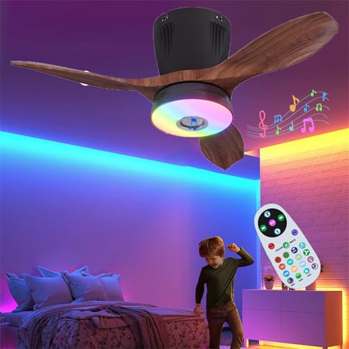 wgzixezn Ventilador de luz RGB con ventiladores de techo remotos con luces, control remoto de montaje empotrado con 3 velocidades regulables, ritmo musical y sincronización de 1/2/4 horas, ventilador