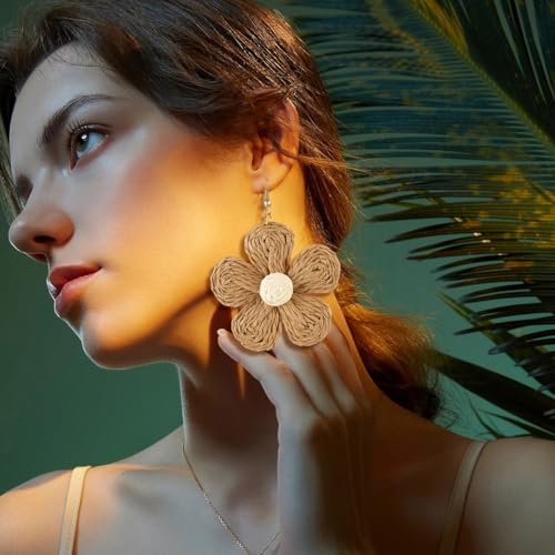 Image of Handmade Raffia Hoop Earrings Statement Tropical Bohemian Straw Dangle Earrings Natural Rattan Vacation Style Round Earrings for Women Summer Beach Party Essential Jewelry