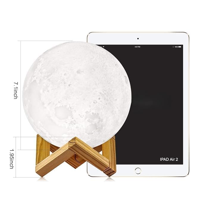 Image of 3D Moon Lamp with Wooden Stand, 15cm LED Night Light with 7 Color Changing Touch Sensor, Moon Light for Bedroom, Home Decoration Lamp for Kids & Adults