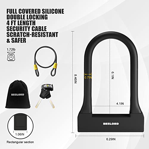 Beelord Bike U-Lock, Heavy Duty Anti-Theft Bicycle U Lock,Bike U Lock With Cable 17/18Mm Shackle With Keys, Security Lock For Bicycles, E-Bikes, Scooters #TOP1