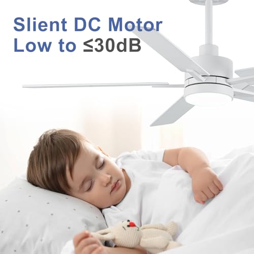 Image of LANMEL 52'' White Ceiling Fans with Lights and Remote, 6 Speed Low Profile Modern Ceiling Fan with Quiet DC Motor for Indoor Outdoor Bedroom Living Room