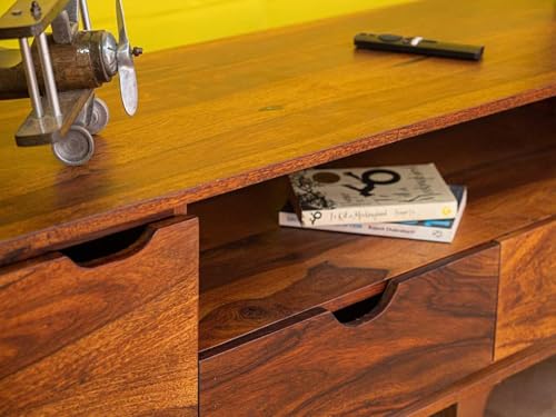 Image of THE WOODEN CITY Solid Sheesham Wood TV & Entertainment Unit for Living Room & Hotel Room and Office Furniture (Finish- Honey Teak, 68Wx16Dx19H- Inches)