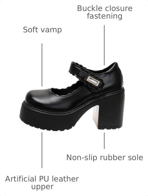 Image of Women's Platform Mary Janes Heart Cat Buckle Rivets Ankle Lolita Gothic Princess Platform Pumps Patent Leather Thorn Vintage Traditional Embroidery Upper Dress Shoes