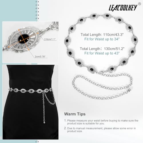 Image of LEACOOLKEY Women Turquoise Concho Chain Waist Belt Silver Western Cowgirl Metal Chain Belt for Dress Adjustable