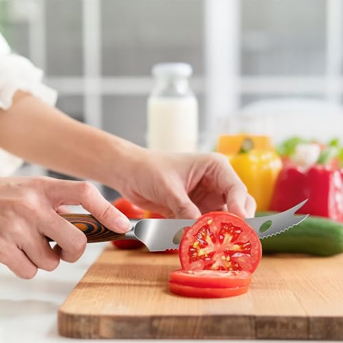 Image of TUO Cheese Knife, Tomato Knife 5.5 inch Serrated Blade, High Carbon German Steel, Mutil-Use Non Stick Design, Pakkawood Handle - Fiery Phoenix Series