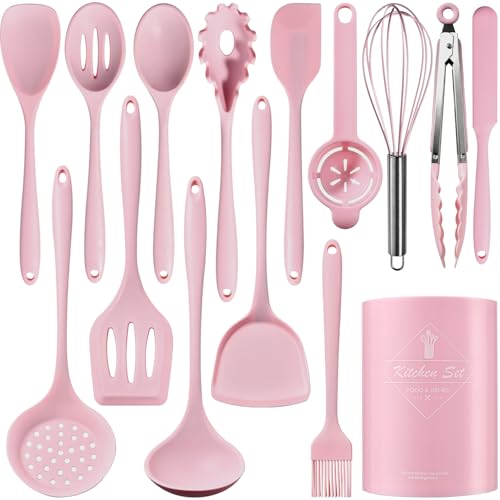 Silicone Kitchen Utensils Set - 15 Pieces Non Toxic Silicone Utensils Set For Cooking?428°F Heat Resistant Food Grade Kitchen Tools?Dishwasher Safe (Pink, 15 Piece Set)