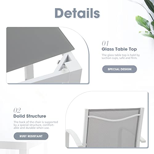 Oc Orange-Casual 5-Piece Patio Bar Set, All-Weather Aluminum Textile Fabric Outdoor High Top Dining Table And Chairs, 4 Metal Bar Height Stools With Glass Top Bar Table, For Porch, Garden, White #TOP2