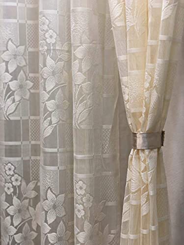 Image of Honger Polyester Floral Design Heavy Net Tissue Cream Net Curtains Pack of 2 Pecs for Living Room Use Flower Net Cream Curtains for 4 x 7 Feet Door Net Curtains