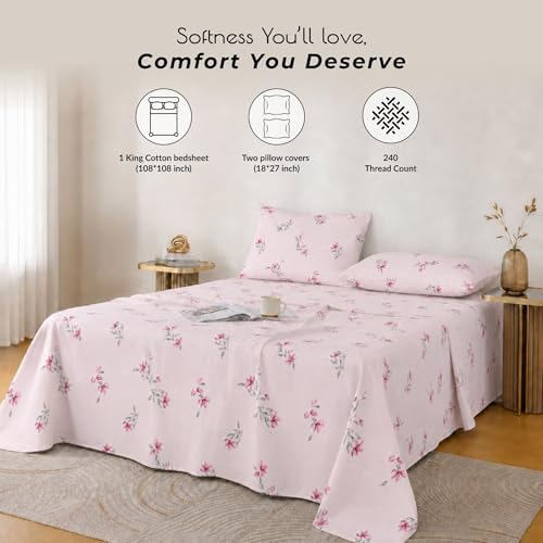 Image of Cotton King Size Bedsheet 108x108 Super King, 100% Pure Cotton Bed Sheet with 2 Pillow Covers, 240 TC Soft Breathable Floral Design Bedding - (Blush Bloom, Super King)