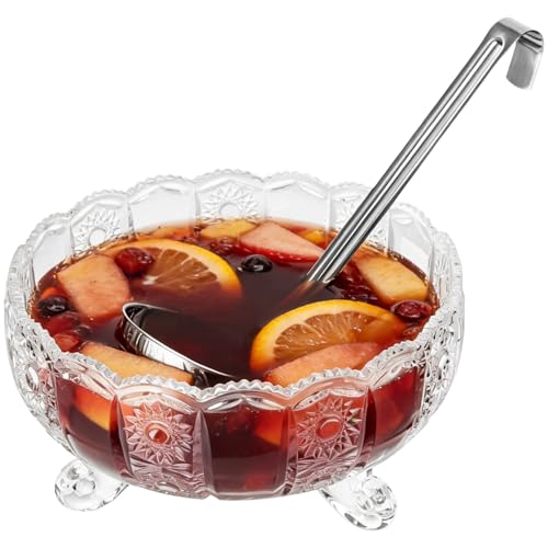 Nimbloom Vintage Glass Punch Bowl With Ladle, Large 3-Leg Pedestal Serving Bowl With Stainless Steel Spoon, Embossed Glass Centerpiece For Punch Sangria Cocktails At Parties Weddings Holidays