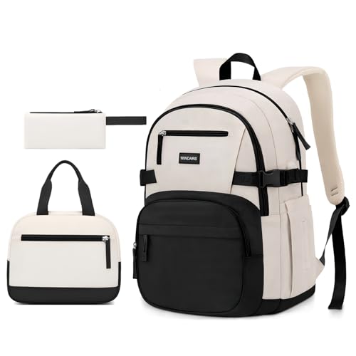 Image of WINDARS Backpack for School Girls, Cute High School Backpacks for Teens Women Student Large Bookbag 15.6 Inch Laptop Bag with USB Charger Port for College Work Travel Trip 3 Pcs(Black Beige)