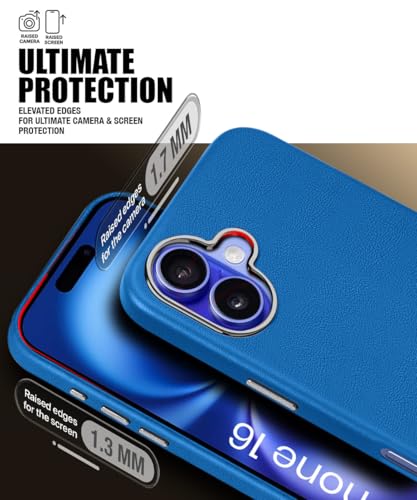 Image of WOW IMAGINE Back Cover for iPhone 16 | Shockproof Tough Leather Texture Hard Mobile Case | Ultra Slim Non-Slip Grip | Inner Velvet Fabric | Metal Camera Ring - Blue