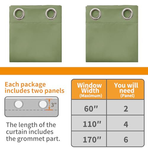 Image of YoungsTex 100% Blackout Curtains 48 Inch Length 2 Panels, Room Darkening Drapes with Liner Thermal Insulated for Bedroom Window, Green, 42 X 48 Inch